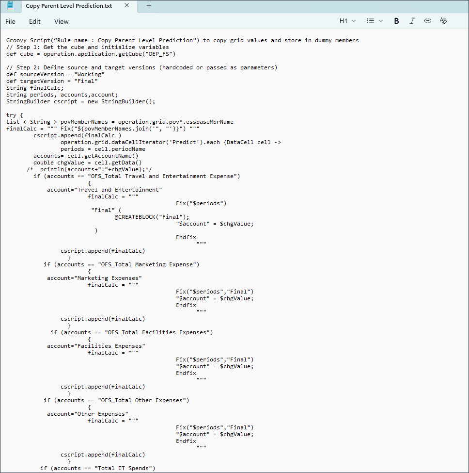 Copier le script Groovy de prévision de niveau parent